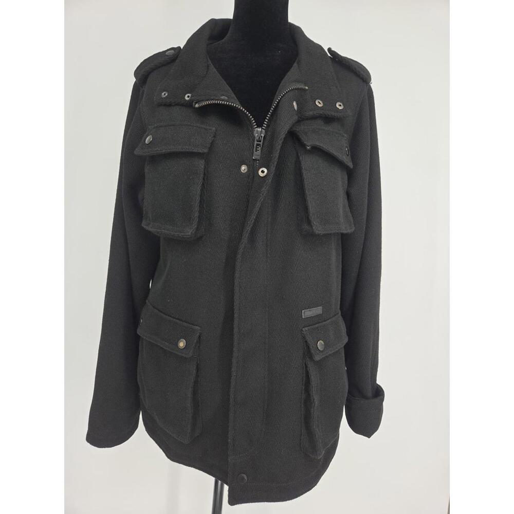 Kr3w Herringbone Field Jacket Military Style Mens Small Black Lined Pea Coat Y2K